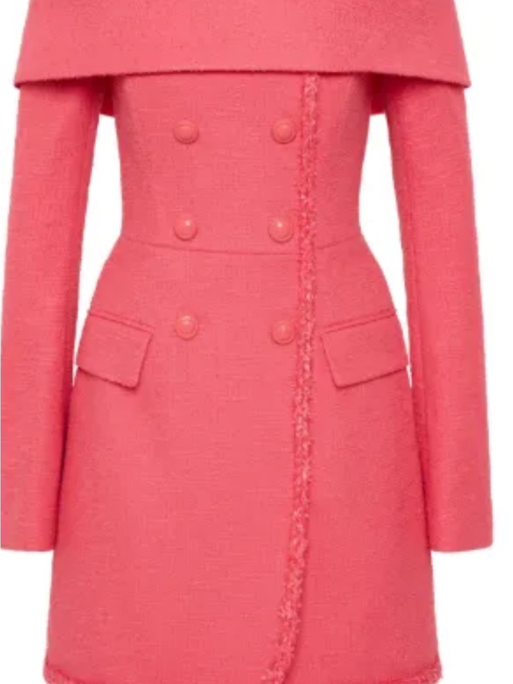 Rebecca Vallance Coral Pink Double-Breasted Off-Shoulder Coat Dress